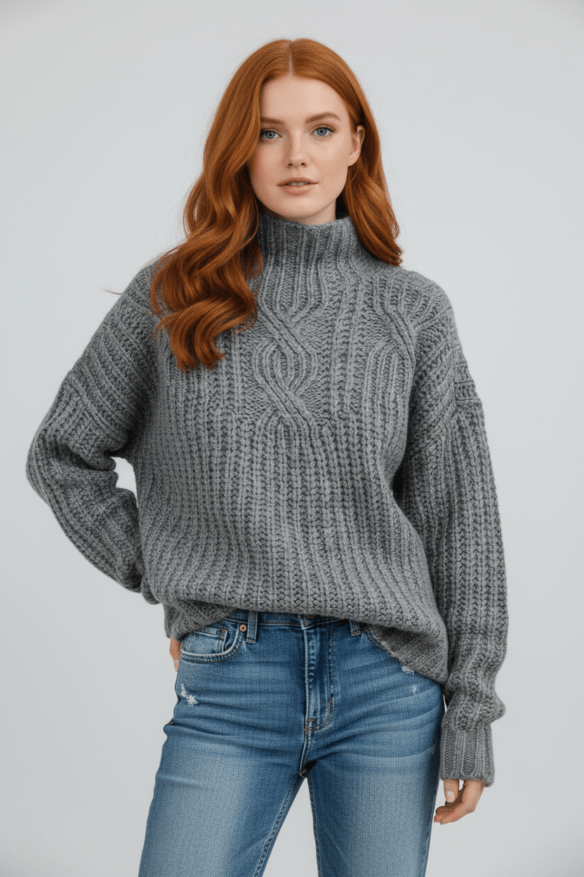 Damen-Kabelstrick-Pullover mit hohem Kragen
