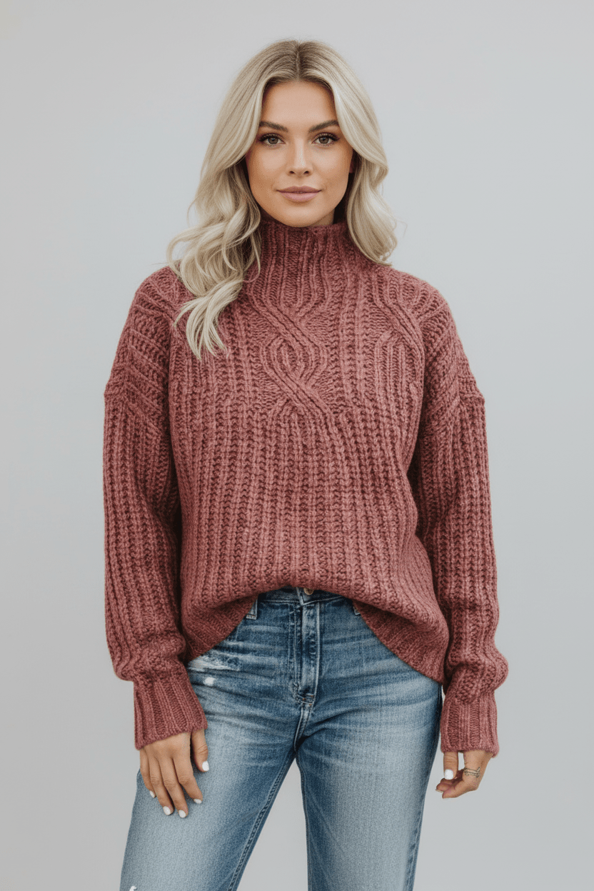 Damen-Kabelstrick-Pullover mit hohem Kragen