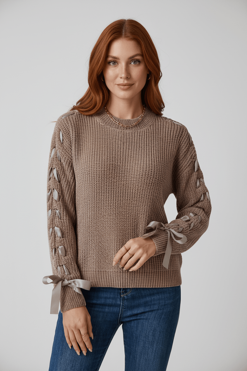 Damen Relaxed Fit Rippstrickpullover mit Schnürärmel