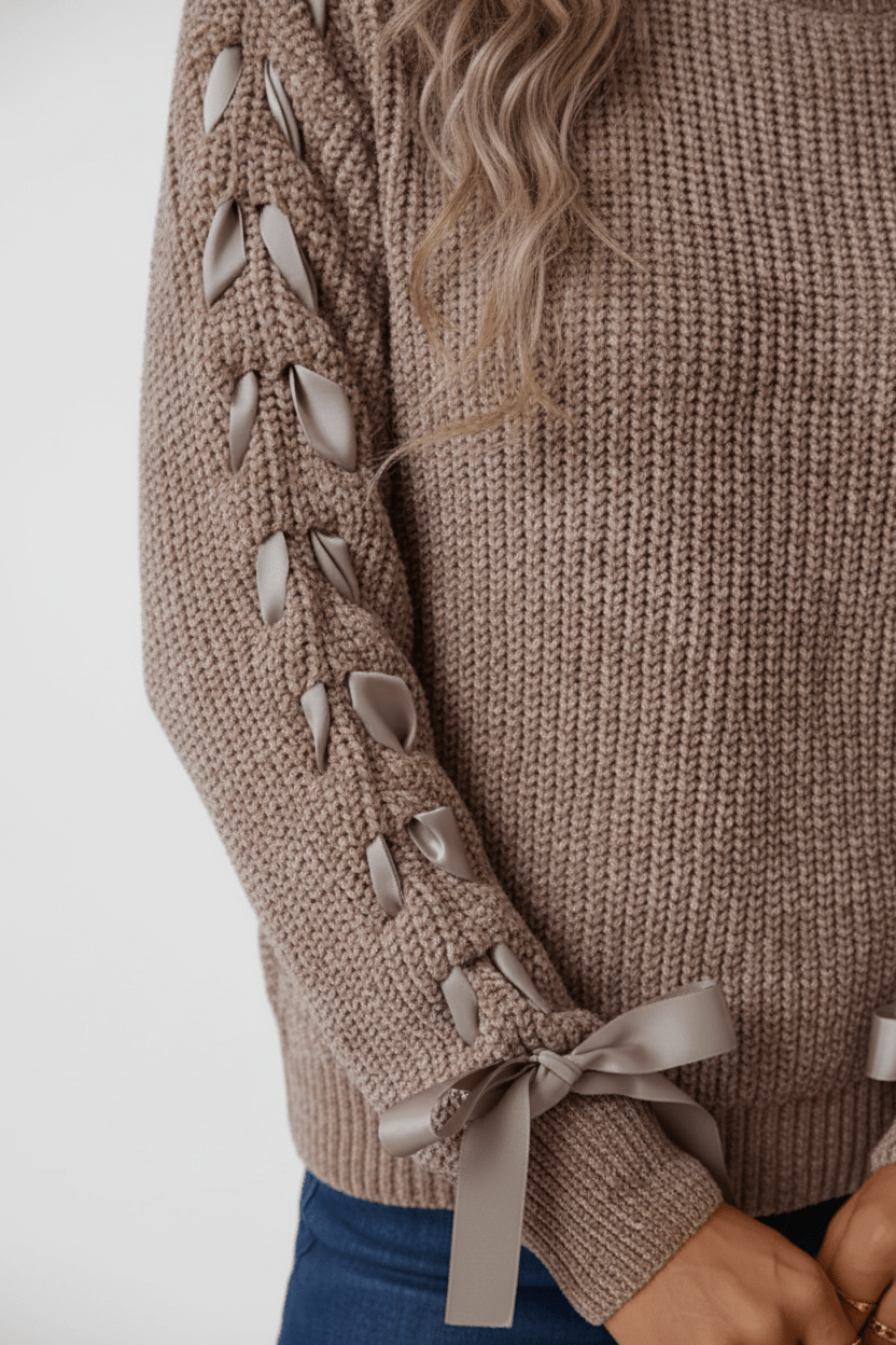 Damen Relaxed Fit Rippstrickpullover mit Schnürärmel