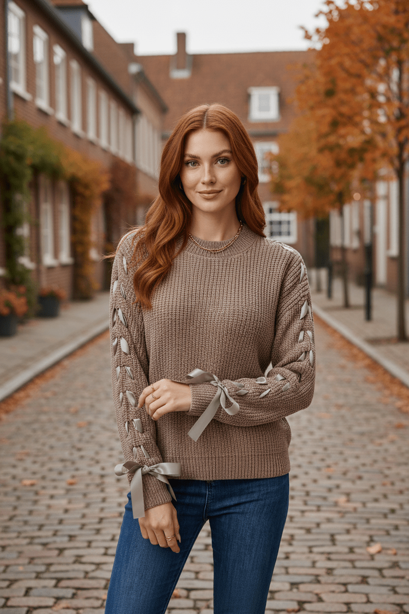 Damen Relaxed Fit Rippstrickpullover mit Schnürärmel