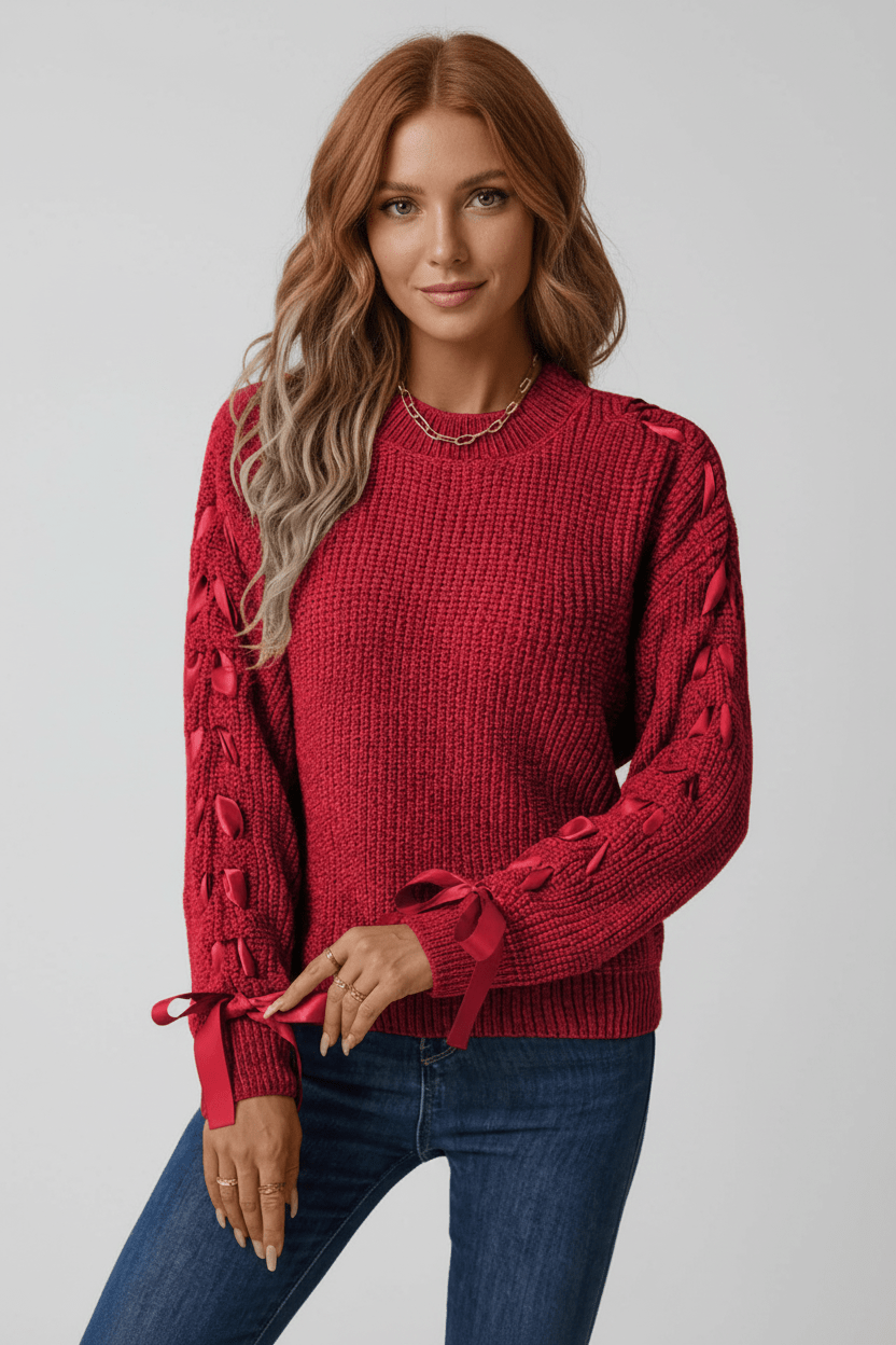 Damen Relaxed Fit Rippstrickpullover mit Schnürärmel