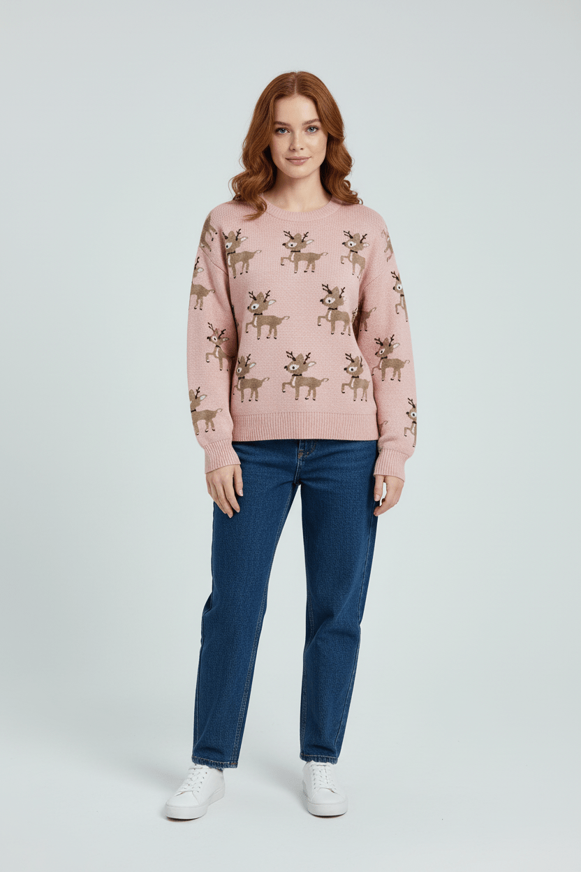 Damen Oversized Jacquard Strickpullover mit Hirschmuster