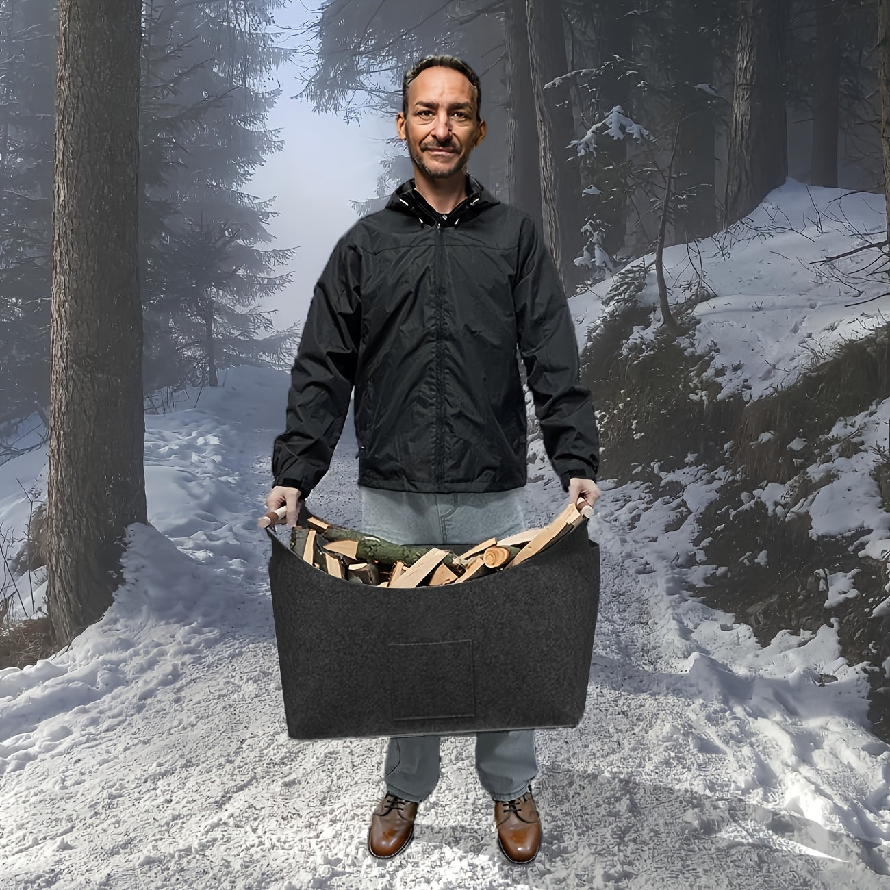 Panier à bûches en feutre FELDURA | Pliable | Capacité 55 L | Poignées en bois et finitions en cuir | Gris foncé