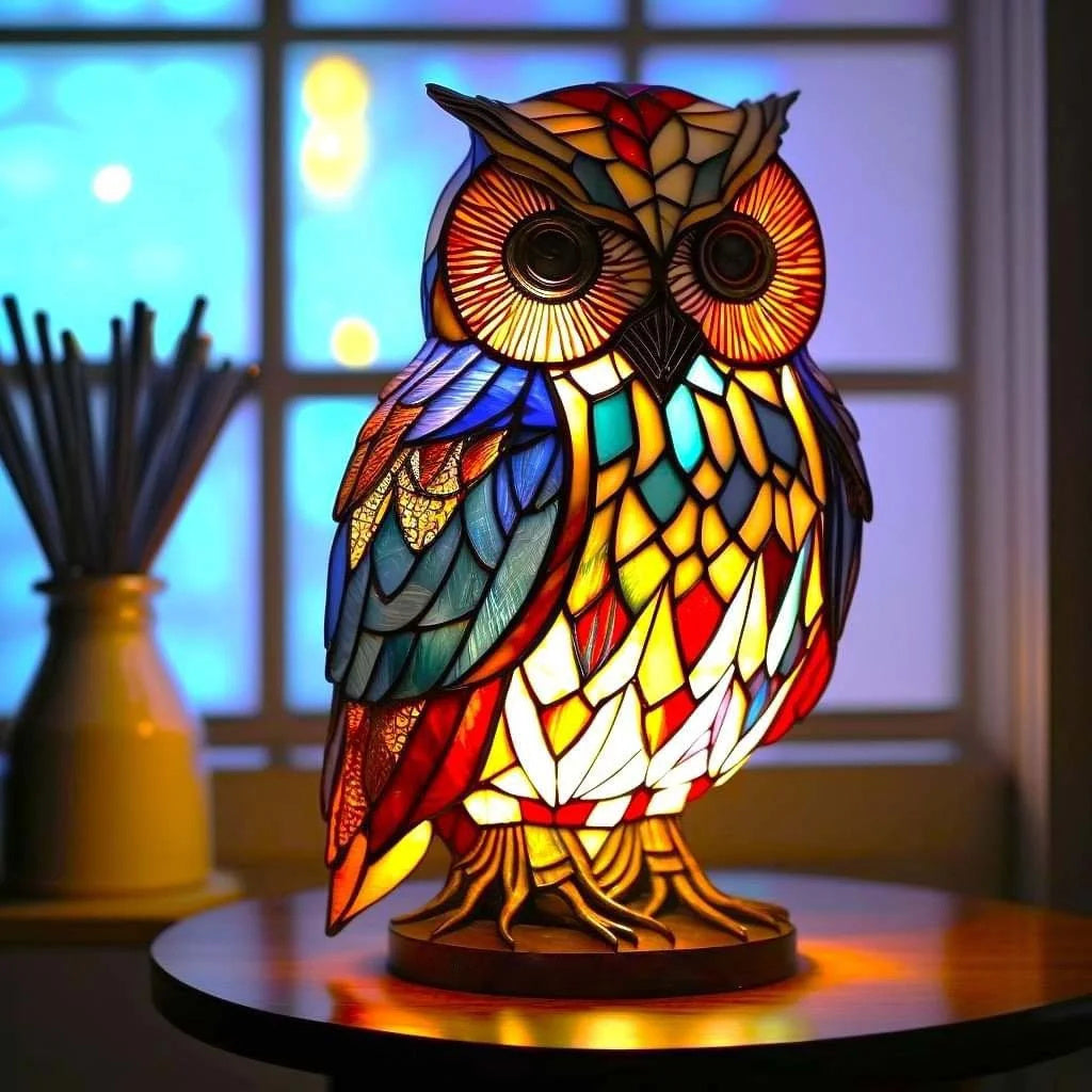 Tiffany Tischlampe aus Buntglas | Handgefertigtes Tiermotiv | Farbwechsel-LED | Glas & Metall