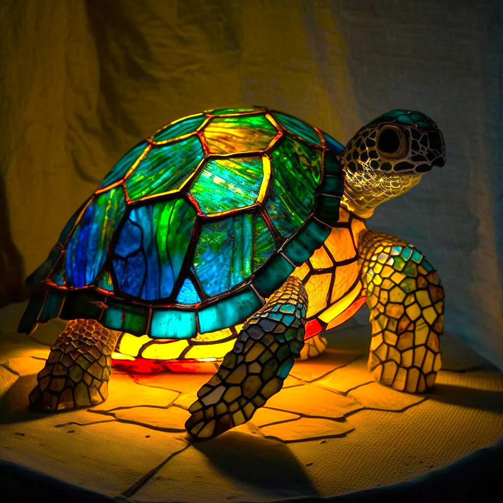 Tiffany Tischlampe aus Buntglas | Handgefertigtes Tiermotiv | Farbwechsel-LED | Glas & Metall