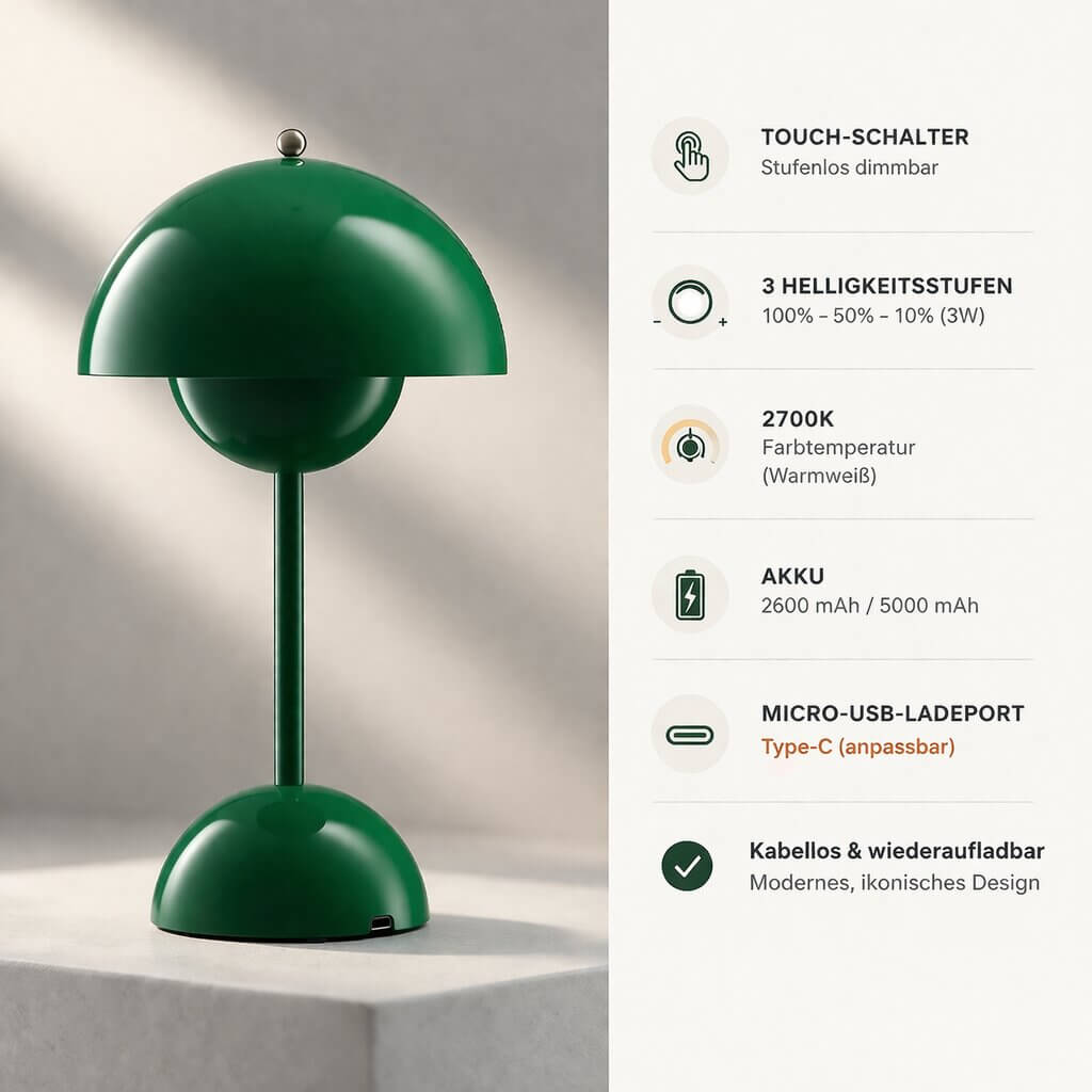 Designer Tischlampe | LED Tischleuchte | Nachttischlampe | Dimmbar & Kabellos | Lumora