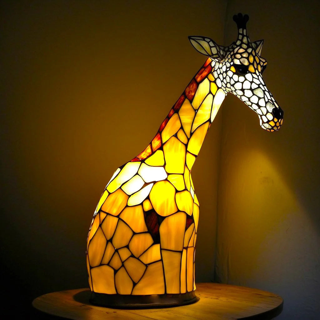 Tiffany Tischlampe aus Buntglas | Handgefertigtes Tiermotiv | Farbwechsel-LED | Glas & Metall