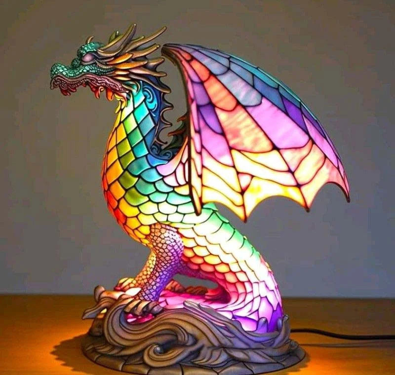 Tiffany Tischlampe aus Buntglas | Handgefertigtes Tiermotiv | Farbwechsel-LED | Glas & Metall