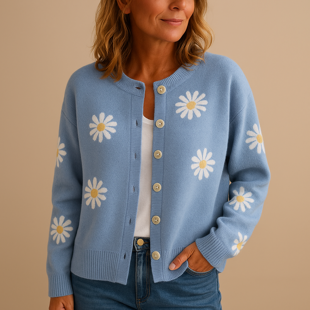 Damen Strickjacke mit Knöpfen – Florales Muster und Gemütlichkeit
