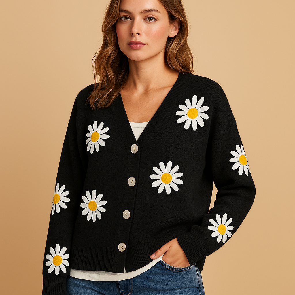 Damen Strickjacke mit Knöpfen – Florales Muster und Gemütlichkeit