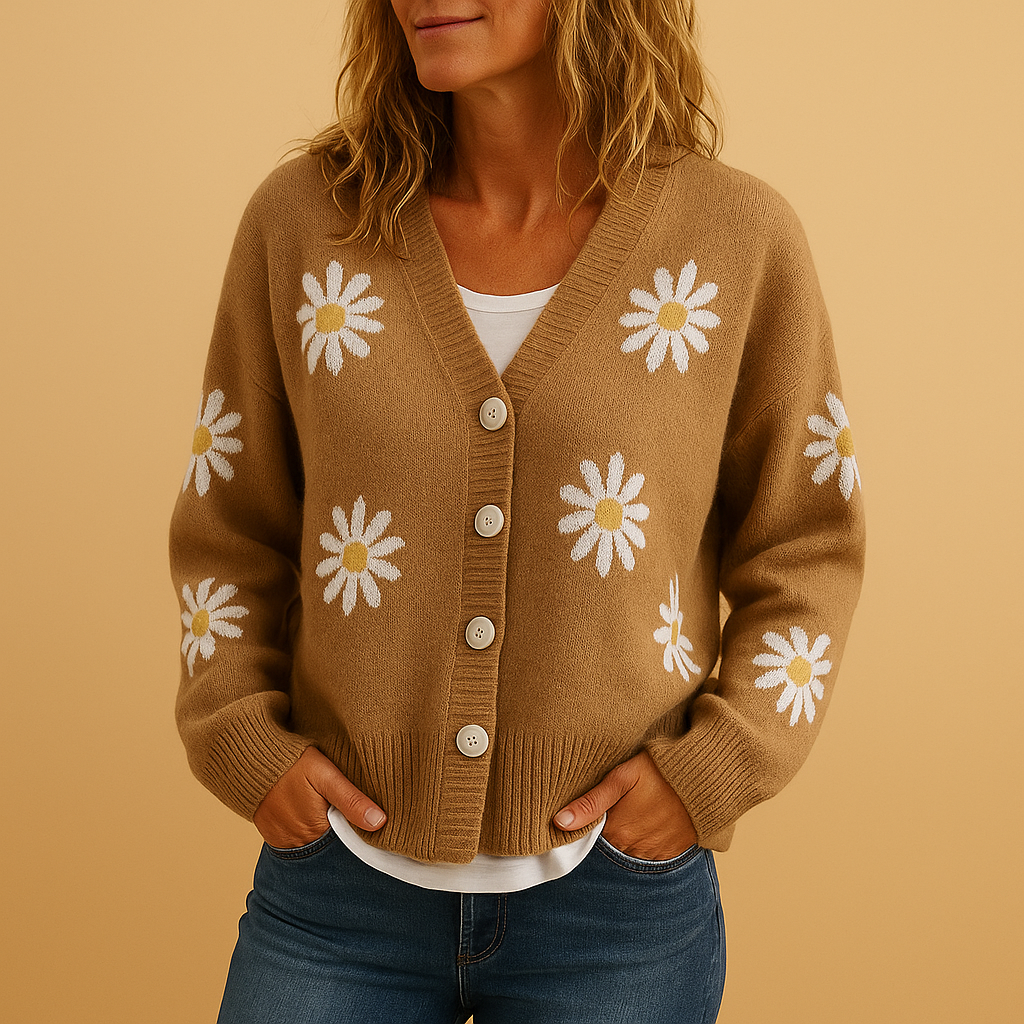 Damen Strickjacke mit Knöpfen – Florales Muster und Gemütlichkeit