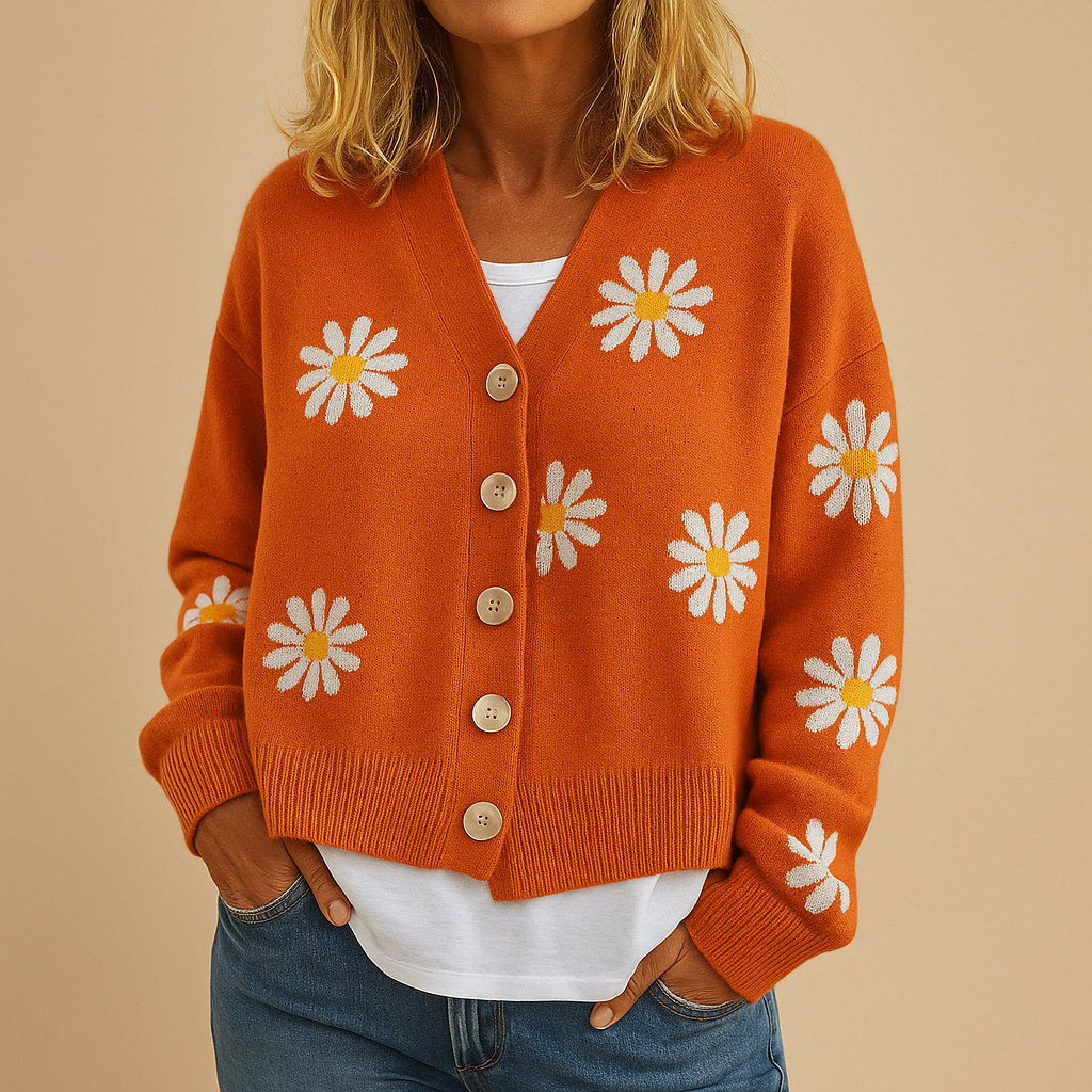 Damen Strickjacke mit Knöpfen – Florales Muster und Gemütlichkeit
