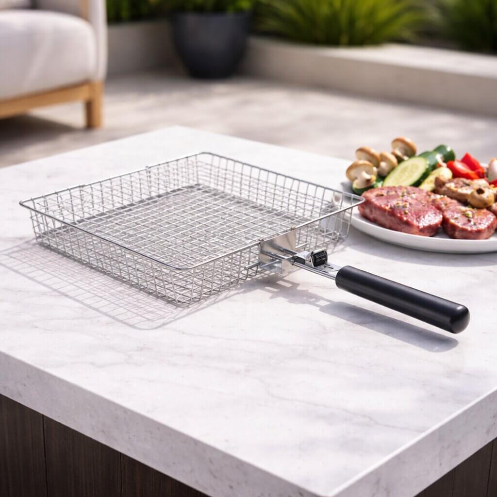 Grill basket for meat, fish & vegetables | Stainless steel grill accessories for BBQ | FlammenWerk