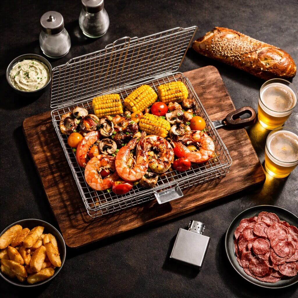 Grill basket for meat, fish & vegetables | Stainless steel grill accessories for BBQ | FlammenWerk