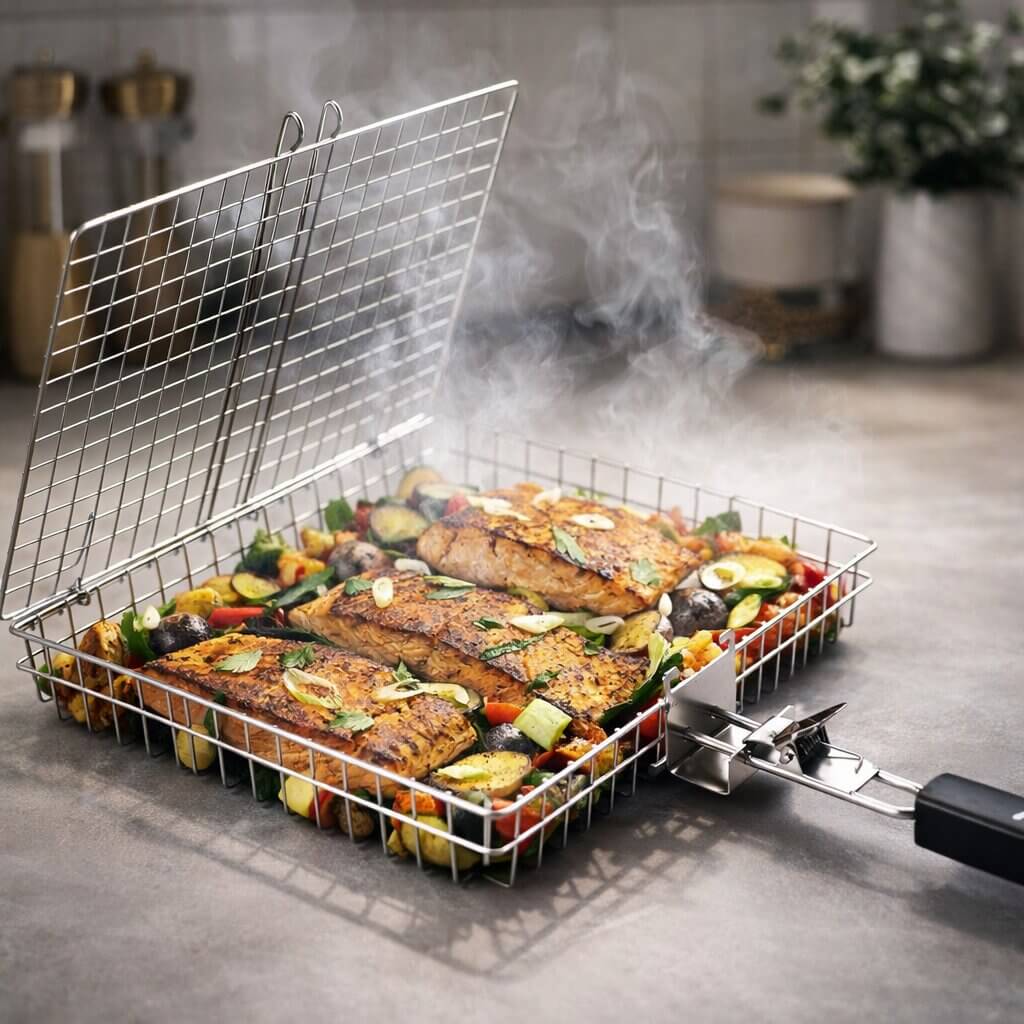 Grill basket for meat, fish & vegetables | Stainless steel grill accessories for BBQ | FlammenWerk