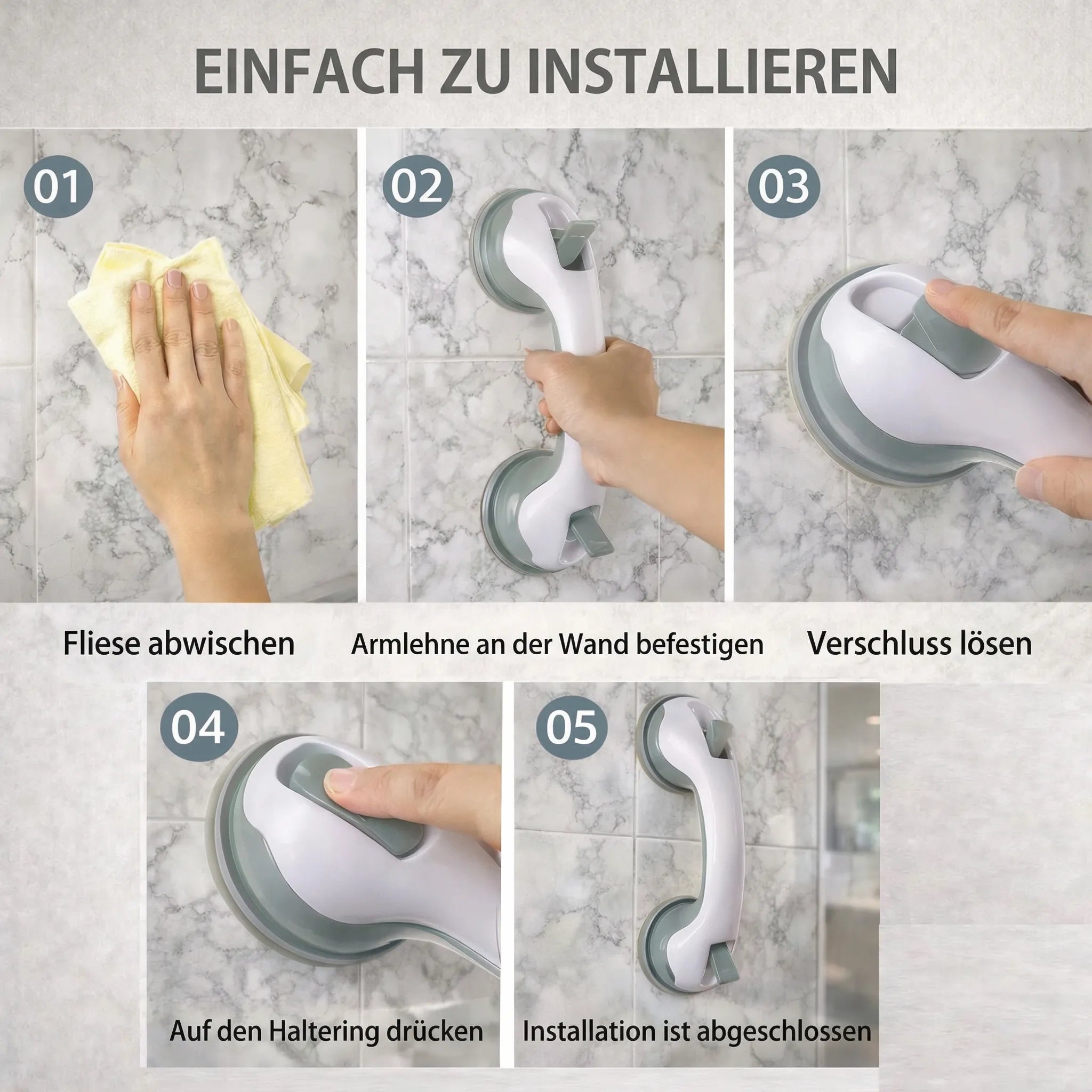 Haltegriff für Dusche, Badewanne oder Toilette mit Saugnapf | Badewannengriff für Senioren ohne Bohren | GripSicher