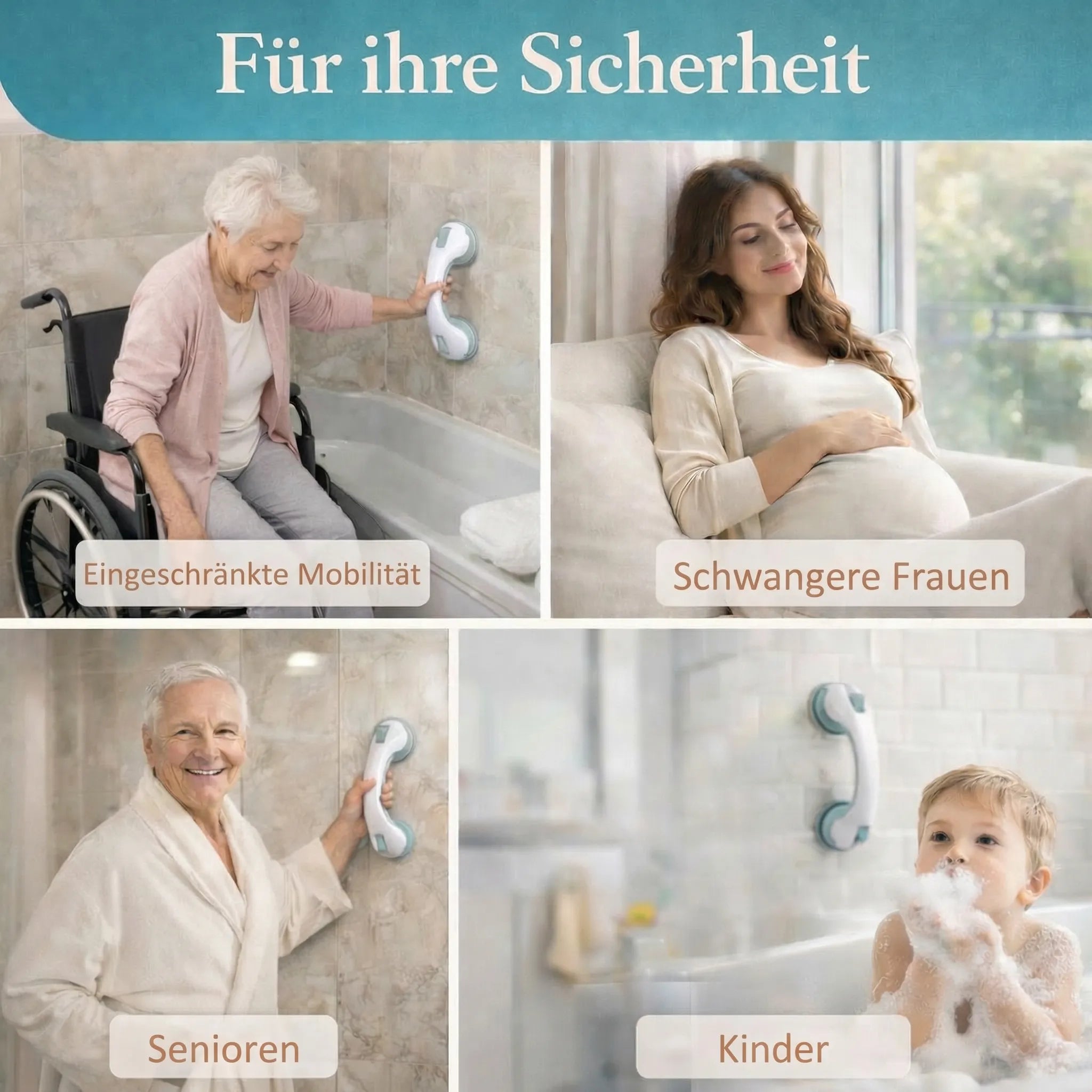 Haltegriff für Dusche, Badewanne oder Toilette mit Saugnapf | Badewannengriff für Senioren ohne Bohren | GripSicher