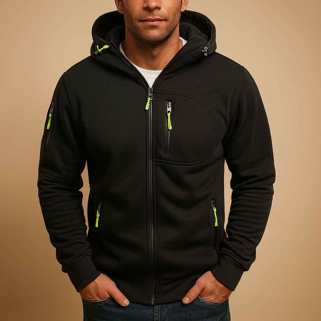 Men's zip-up hooded sweatshirt with adjustable hood