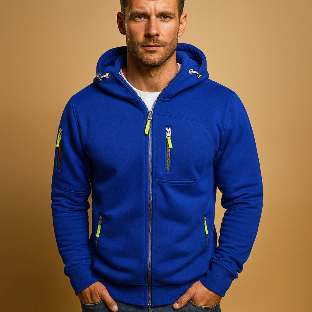 Men's zip-up hooded sweatshirt with adjustable hood