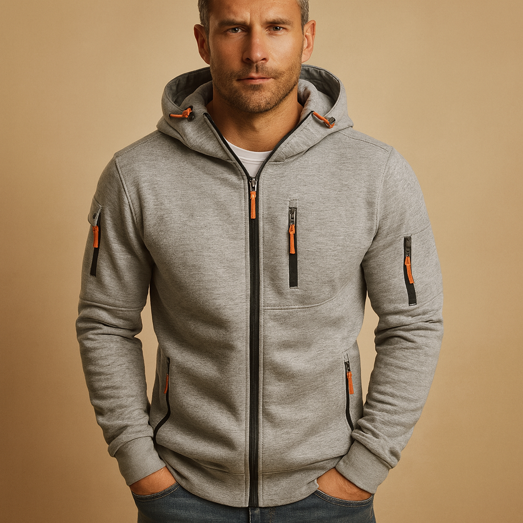 Men's zip-up hooded sweatshirt with adjustable hood