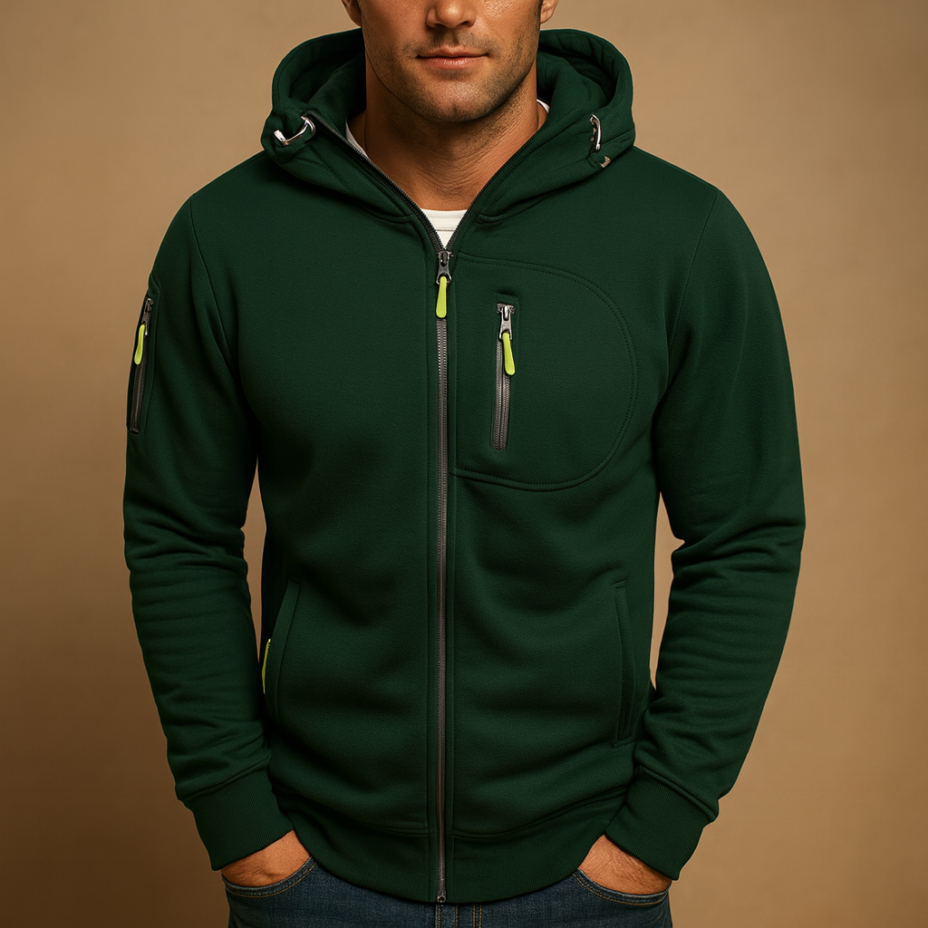Men's zip-up hooded sweatshirt with adjustable hood