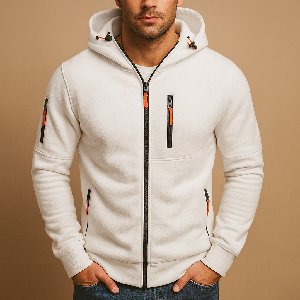 Men's zip-up hooded sweatshirt with adjustable hood