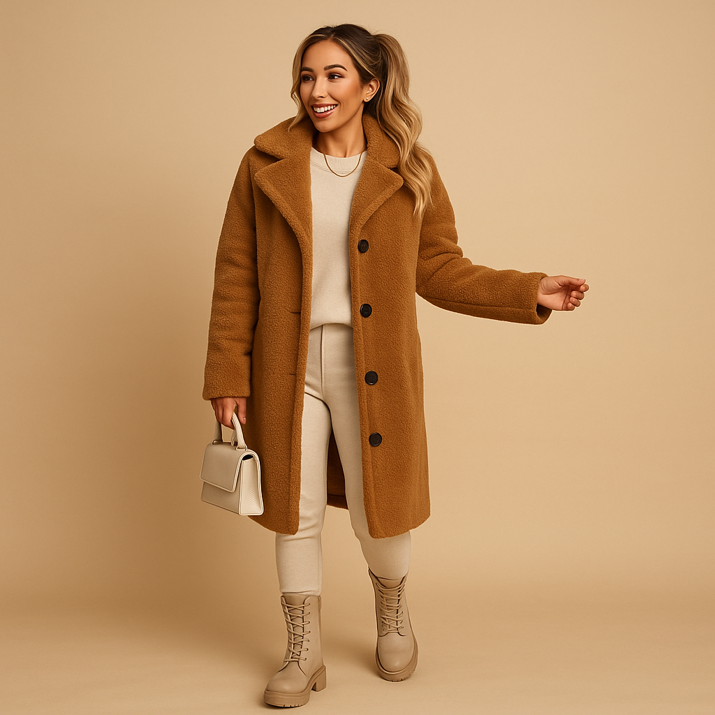 Beiger langer Teddy-Mantel für Damen – Oversized Winterjacke für Frauen