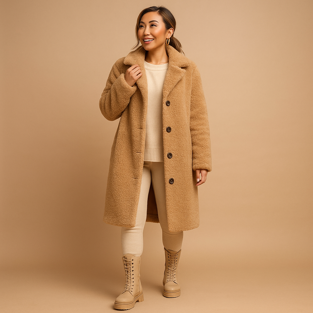 Beiger langer Teddy-Mantel für Damen – Oversized Winterjacke für Frauen