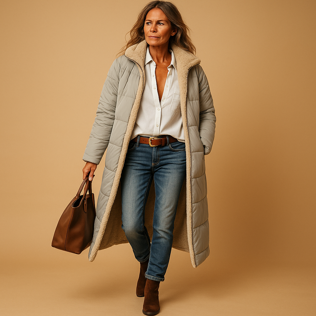 Damen langer gepolsterter Mantel – Steppdesign & Winterwärme