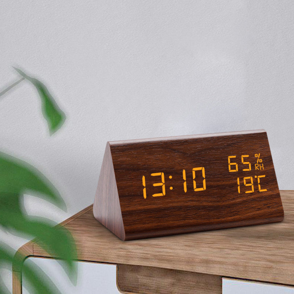 Digital LED Alarm Clock Wood Modern Temperature
