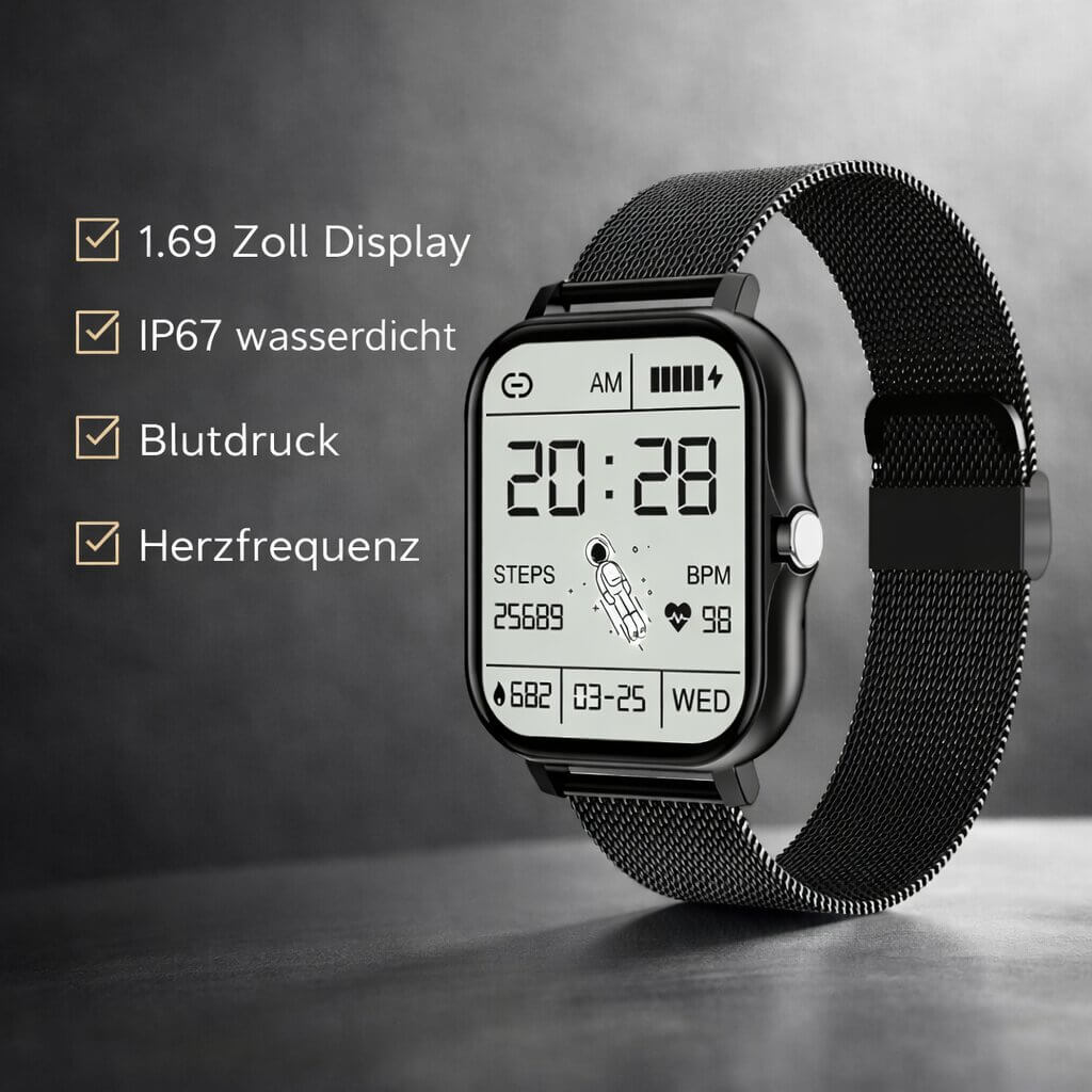 Smartwatch für Männer & Frauen | Fitness Tracker mit Herzfrequenzmonitor | Digitale Uhr | Velunor