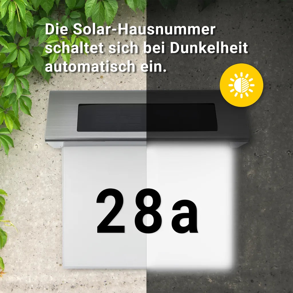 Solar-Hausnummer mit LED-Beleuchtung ohne Strom aus Edelstahl | Solarno