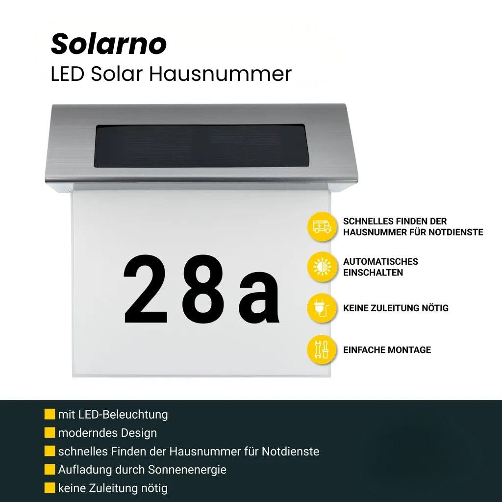 Solar-Hausnummer mit LED-Beleuchtung ohne Strom aus Edelstahl | Solarno