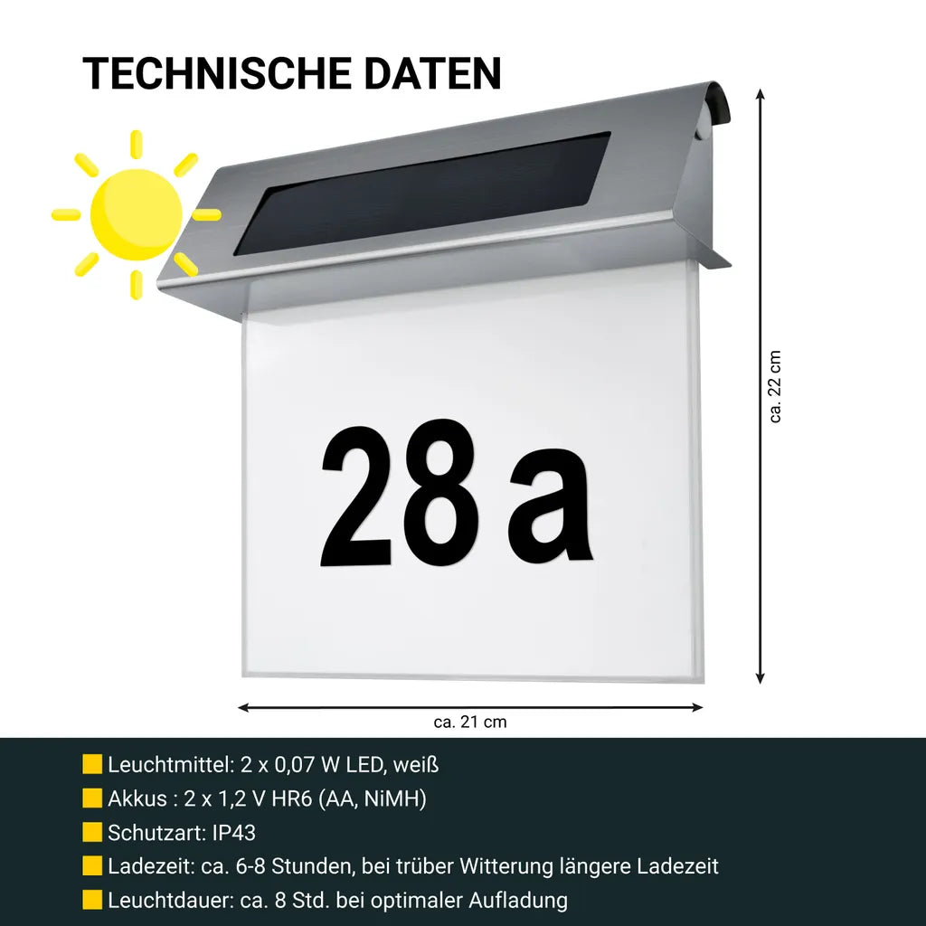 Solar-Hausnummer mit LED-Beleuchtung ohne Strom aus Edelstahl | Solarno